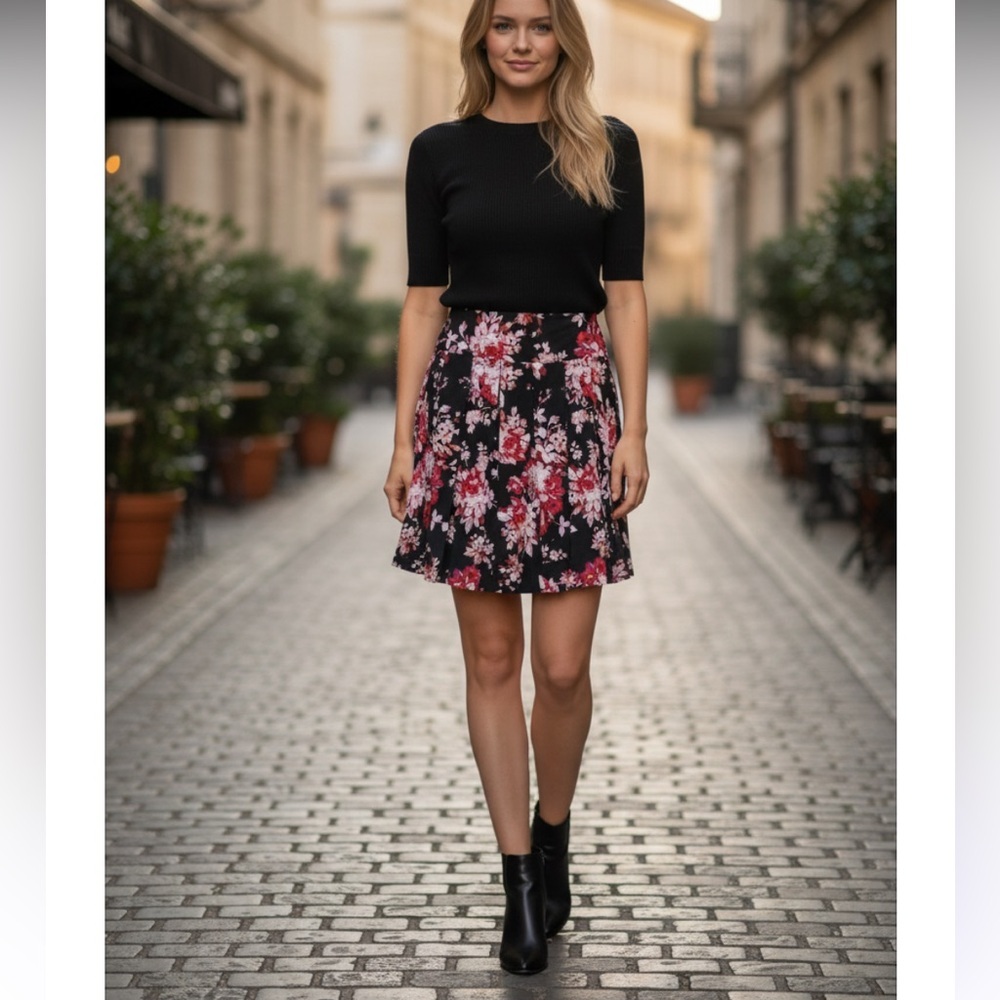 NEW Skirt Roz & Ali Pleated Black & Floral Sz 10